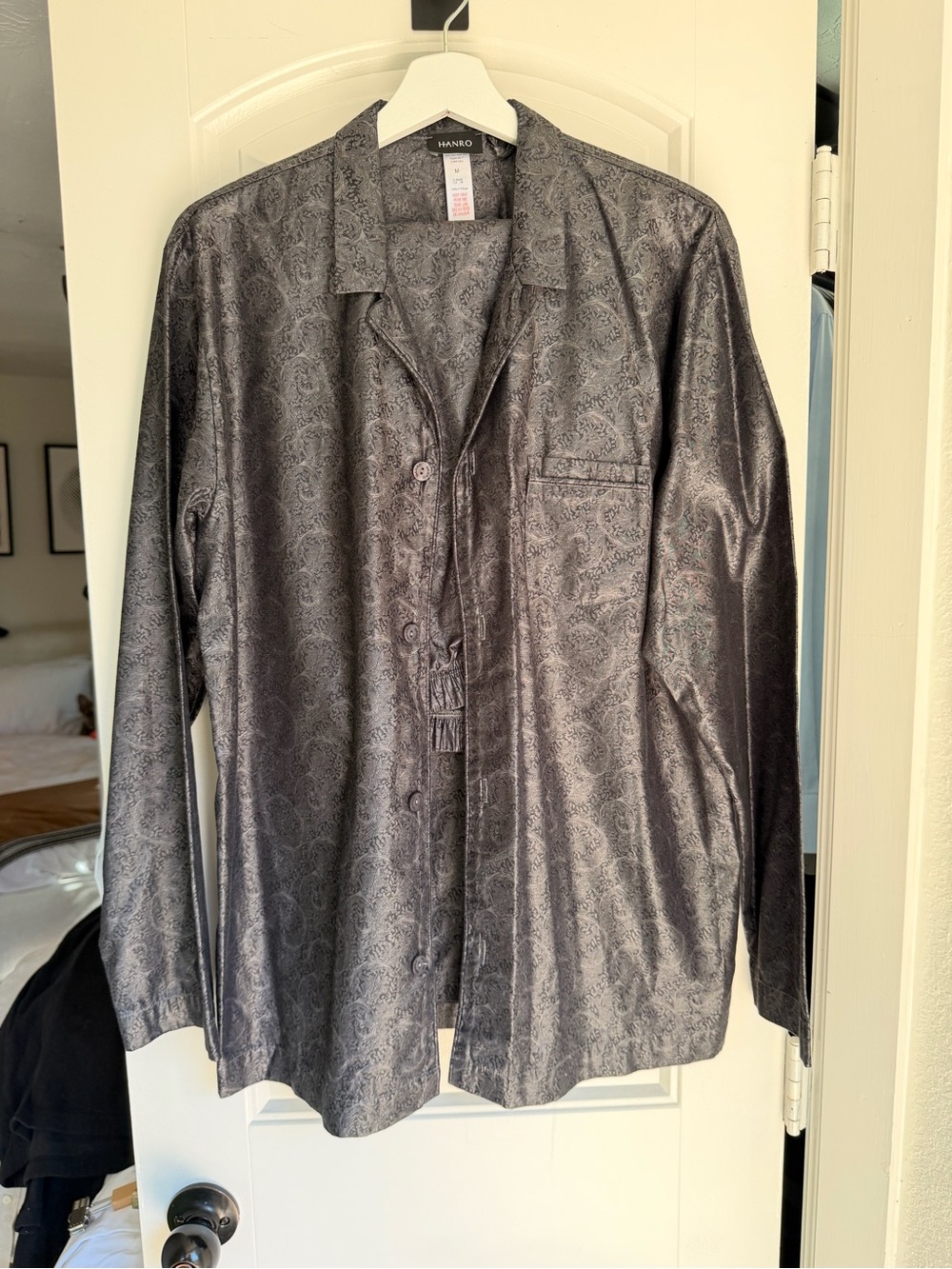 Men's Paisley Satin Button-Up Pyjama Set in Charcoal